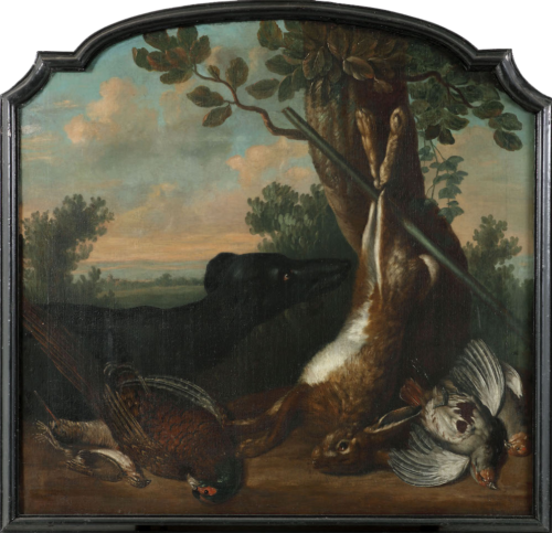 Navolger Jan Weenix - Stilleven met een haas, een fazant en andere vogels in een landschap Navolger Jan Weenix - Stilleven met een haas, een fazant en andere vogels in een landschap