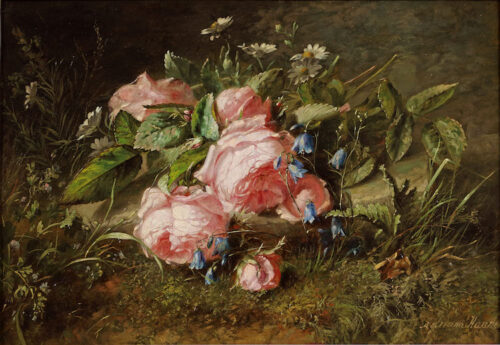 Adriana Johanna Haanen - Woodland with pink roses and blue bells Adriana Johanna Haanen - Woodland with pink roses and blue bells