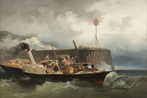 Frans Arnold Breuhaus de Groot - Elegant travellers on a paddle steamer near a jetty in stormy weather Frans Arnold Breuhaus de Groot - Elegant travellers on a paddle steamer near a jetty in stormy weather