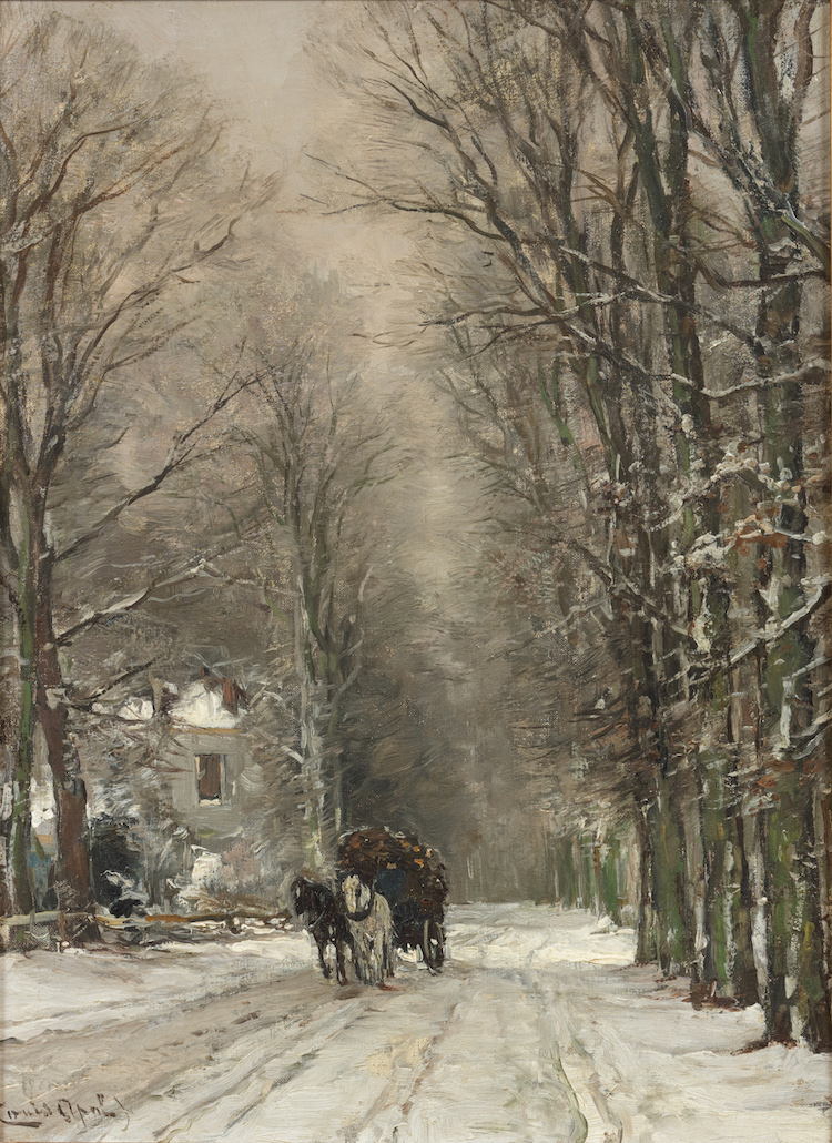 Apol-A horse drawn cart on a snowy forest path