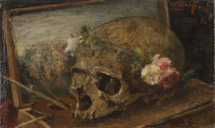 Maurice Dupuis - Stillife with a painters box and a skull with a rosary