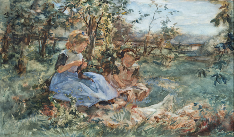 Johannes Evert Hendrikus Akkeringa - Girls knitting in a garden