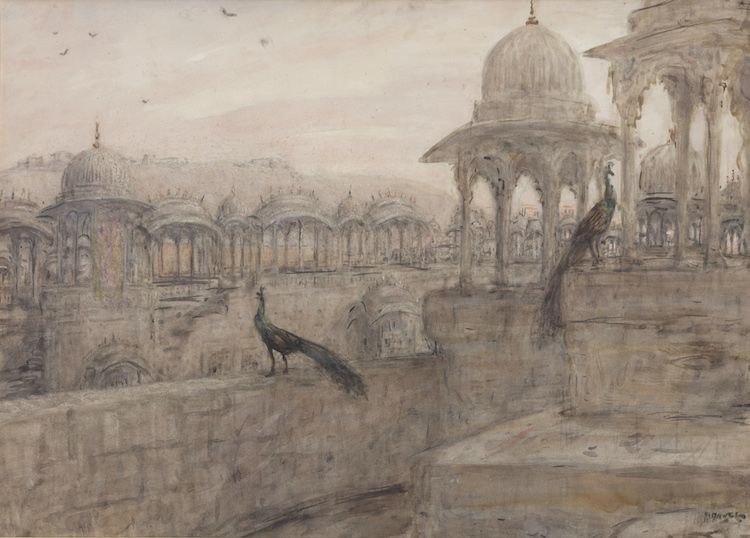 Marius Bauer-Peacocks on a terrace of an Indian Palace
