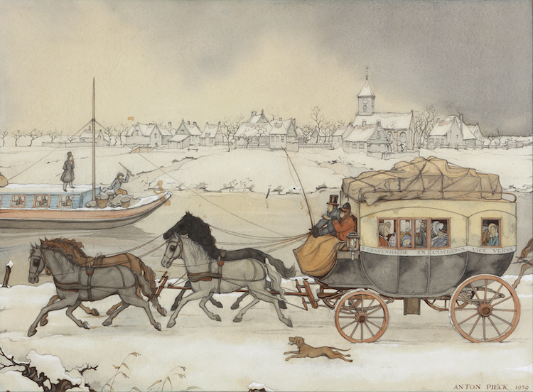 Anton Pieck - The stagecoach from Amsterdam-the Hague in winter