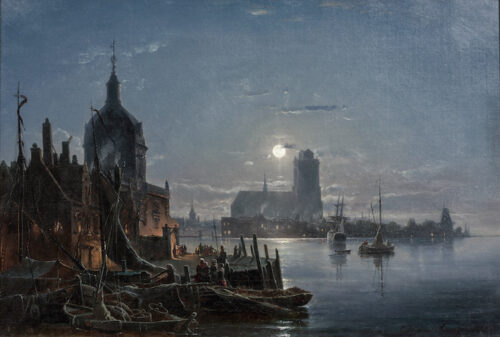 Carl Frederik Sorensen - A view of the Groothoofd, Dordrecht, with the Grote Kerk at night Carl Frederik Sorensen - A view of the Groothoofd, Dordrecht, with the Grote Kerk at night