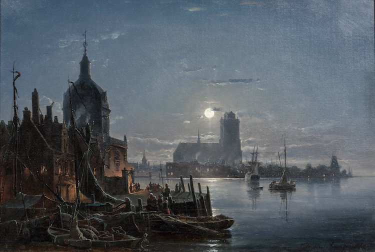 Carl Frederik Sorensen - A view of the Groothoofd, Dordrecht, with the Grote Kerk at night
