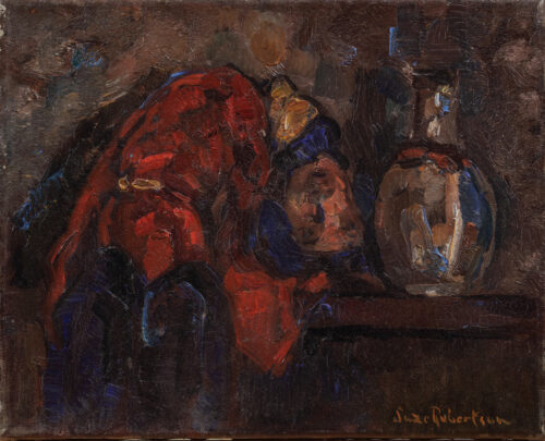 Suze Robertson - Still life with a vase and a rag doll on a ledge Suze Robertson - Still life with a vase and a rag doll on a ledge