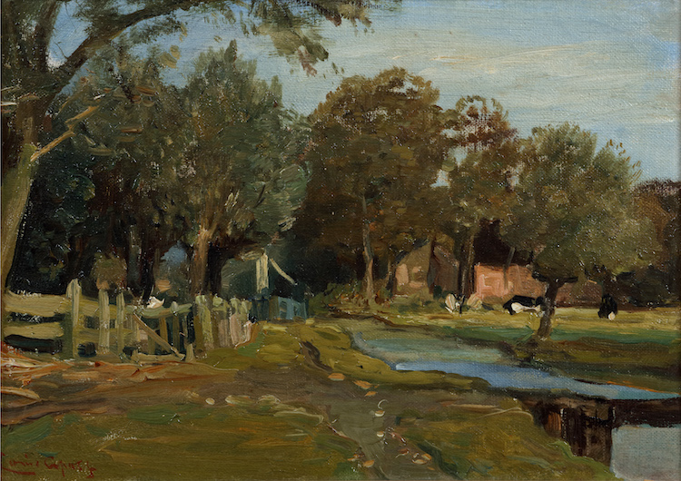 Louis Apol - A summer landscape with cows near a fence