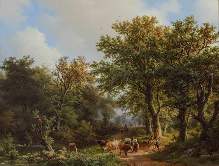 Barend Cornelis Koekkoek - A wooded landscape with cattle and farmers in summer