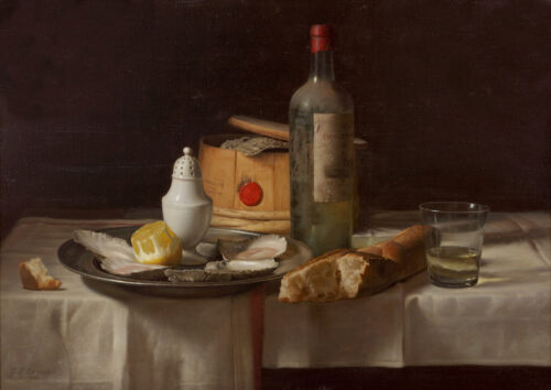 Johannes Hendrik Eversen - A still life with a bottle, oysters, a glass and a slice of bread