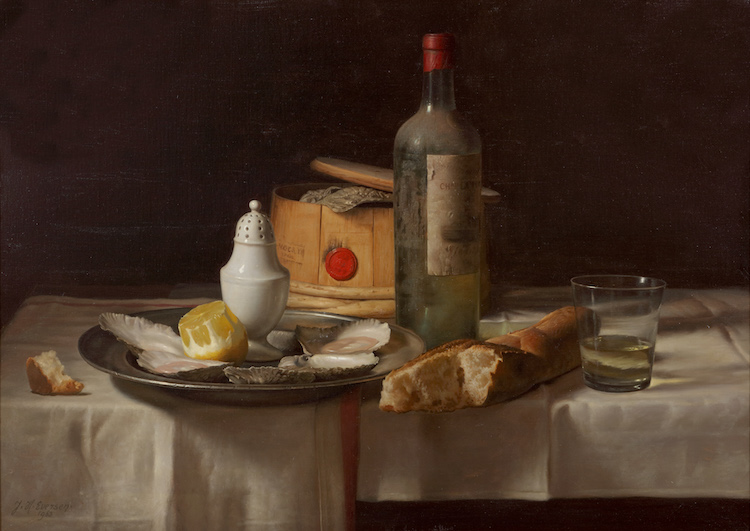Johannes Hendrik Eversen - A still life with a bottle, oysters , a glass and a slice of bread