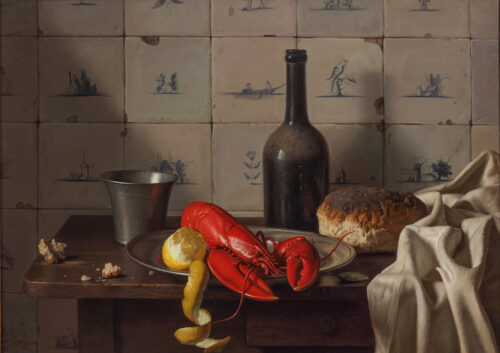 Johannes Hendrik Eversen-A still life with a lobster and a lemon on a pewter plate