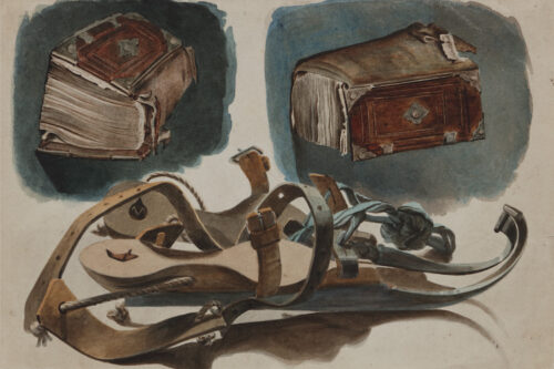 Bartholomeus Bonket-A still life with wooden skates (Friese doorlopers) and books Bartholomeus Bonket-A still life with wooden skates (Friese doorlopers) and books