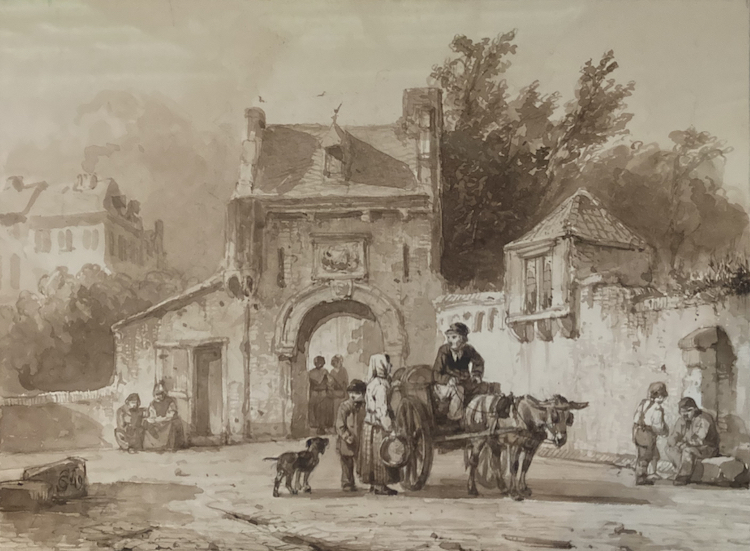 Cornelis Springer-A view of a town with numerous figures near a porch