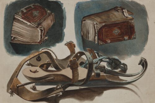 Bartholomeus Bonket-A still life with a Friese Doorloper skates and books