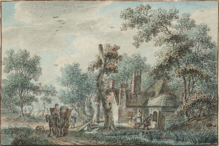 Leendert Overbeek-Figures in a classical landscape-activities near a farmhouse in a wooded landscape