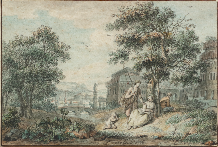 Leendert Overbeek-Figures in a classical landscape-activities near a farmhouse in a wooded landscape