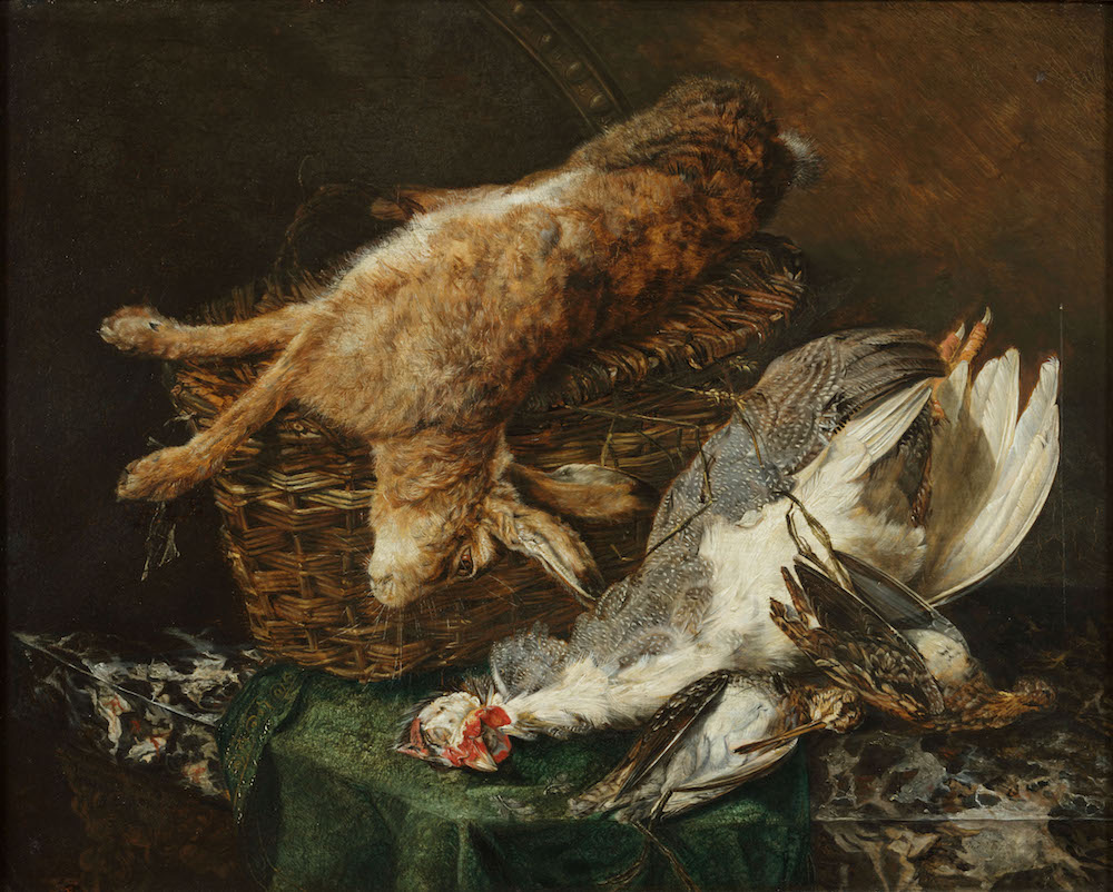 Engelse School - Stilleven met een haas en vogels op een marmeren plint