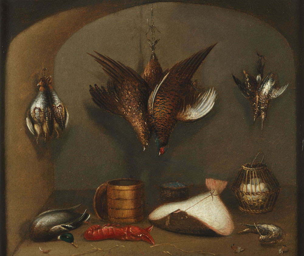 Hollandse School - Stilleven met keukenvoorwerpen en vogels