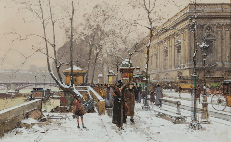 Eugene Galien-Laloue - View of Quai de Louvre, Paris, with the Collonade de Perrault ( Musee de Louvre) and the Pont des Arts
