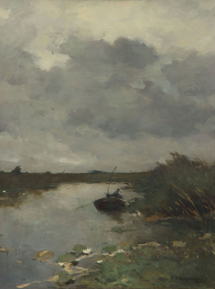 Jan Hendrik Weissenbruch - A Dutch Polderlandscape with a fisherman in a rowingboat