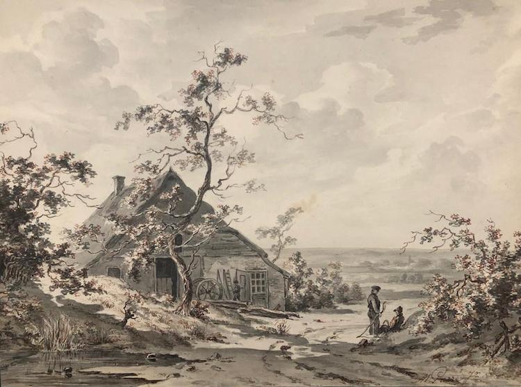 Matthias Parre-A landscape with travellers resting near a farm,Oosterbeek