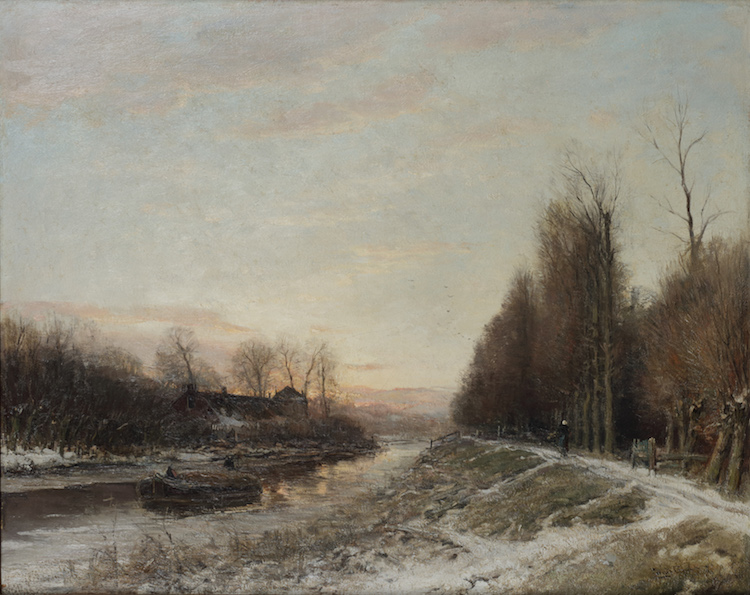 Louis Apol-Winter landscape with snowy forest path along canal
