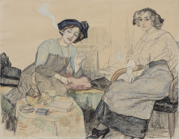 Leo Gestel - Beau Monde, elegant ladies smoking in an interior