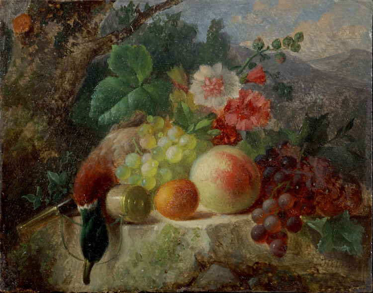 Hendrik Jan Hein-Flowers, fruit, a dead duck and a powder horn on a rock in a hilly landscape
