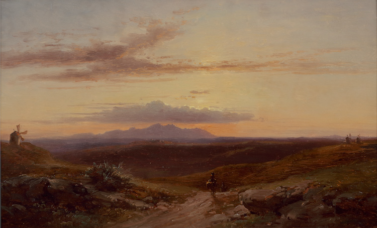 Carl Robert Kummer-Reiziger in heuvelachtig landschap nabij Sintra, Portugal, bij ondergaande zon