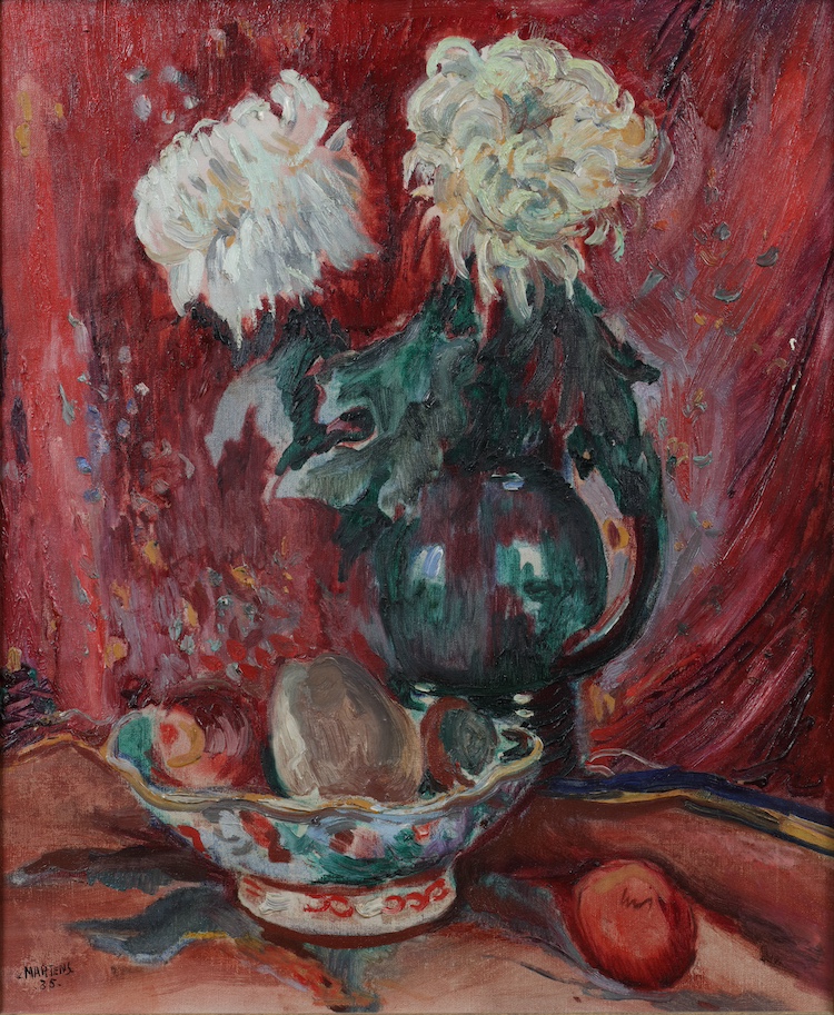 George Martens-Flowers in a vase and fruits in a bowl