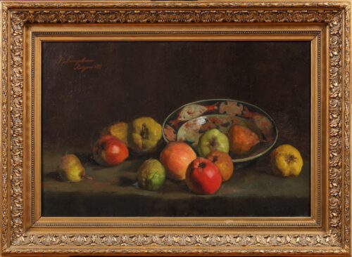 Johanna Elisabeth Judith Langelaan-Rutgers-A still life with apples, pears and a Japanese dish Johanna Elisabeth Judith Langelaan-Rutgers-A still life with apples, pears and a Japanese dish