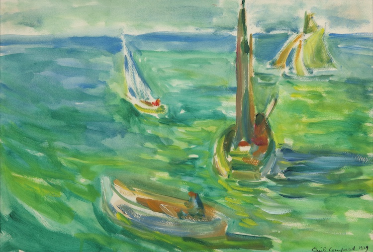 Emile Compard-A sea view with boats