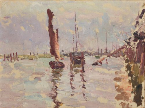 Adrien-Jean le Mayeur de Merpres-Boats on a river in a harbour, Belgium Adrien-Jean le Mayeur de Merpres-Boats on a river in a harbour, Belgium