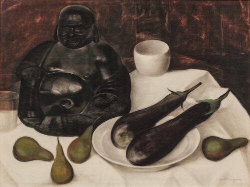 Ger Langeweg-A still life with a statue of Buddah pears and eggplant Ger Langeweg-A still life with a statue of Buddah pears and eggplant