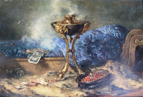 Maria Vos-A still life with a roulette wheel, a second Empire ormulu perfume burner, playing cards, and butterflies Maria Vos-A still life with a roulette wheel, a second Empire ormulu perfume burner, playing cards, and butterflies