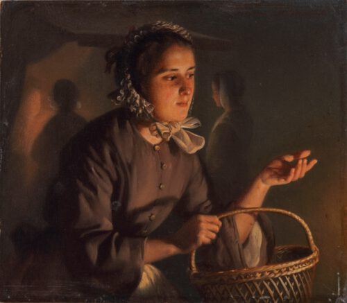 Petrus van Schendel-A young lady holding a basket Petrus van Schendel-A young lady holding a basket