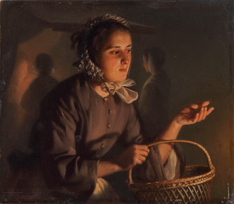 Petrus van Schendel-A young lady holding a basket