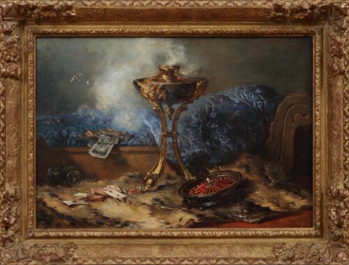 Maria Vos-A still life with a roulette wheel, a second Empire ormulu perfume burner, playing cards, and butterflies Maria Vos-A still life with a roulette wheel, a second Empire ormulu perfume burner, playing cards, and butterflies