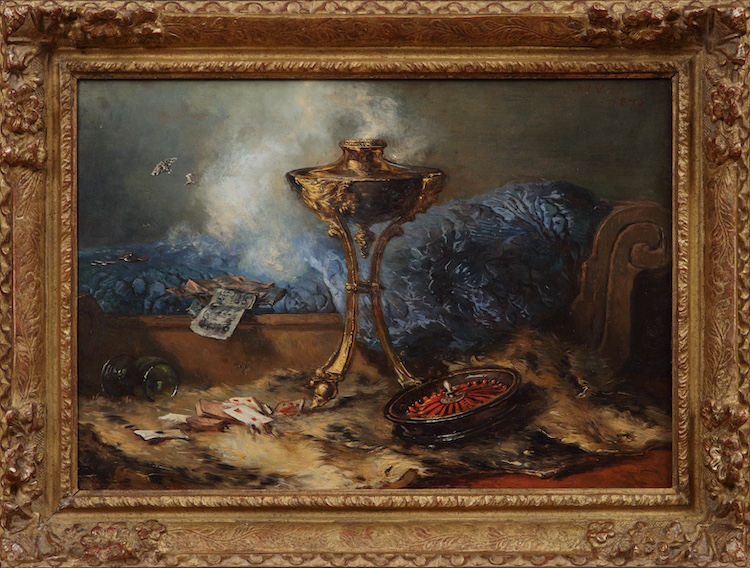 Maria Vos-A still life with a roulette wheel, a second Empire ormulu perfume burner, playing cards, and butterflies