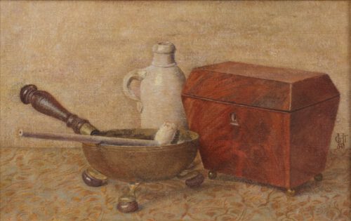 Tjitske van Hettinga Tromp-A still life with a tea chest and a copper bowl