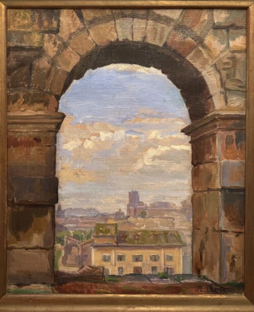 Marthe Carrier-View of Rome of the Monti district with the Torre delle Milizie in the distance seen through an arch of the Colosseum