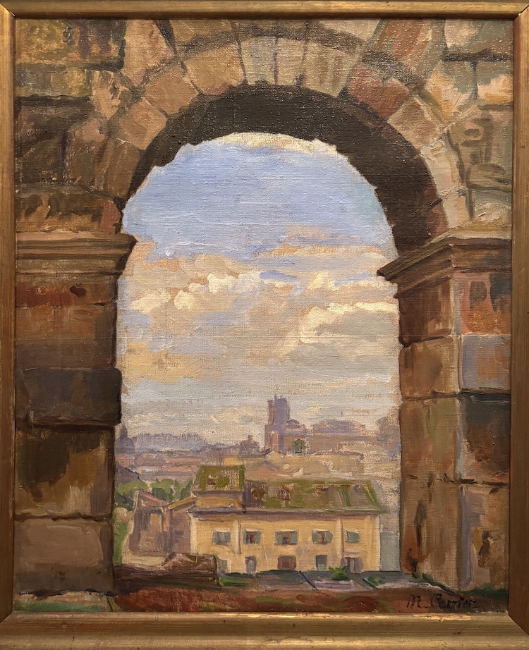 Marthe Carrier-View of Rome of the Monti district with the Torre delle Milizie in the distance seen through an arch of the Colosseum
