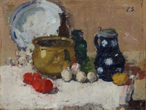Victor Simonin-Still life with onions, tomatoes, a plate, a jar and a pot