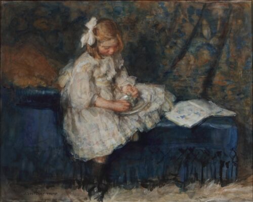 Jan Zoetelief-A little girl peeling grapes on a bench