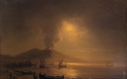 Theodore Gudin-A moonlit night in the Gulf of Naples with an active Mount Vesuvius