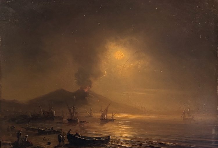 Theodore Gudin-A moonlit night in the Gulf of Naples with an active Mount Vesuvius