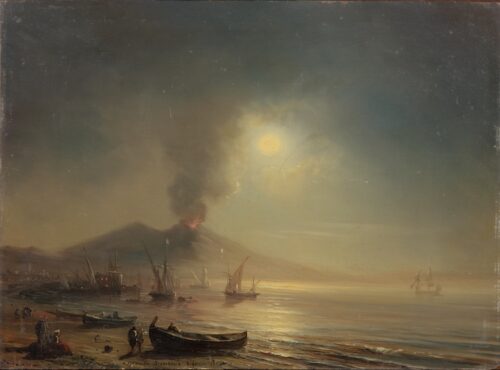 Theodore Gudin-A moonlit night in the Gulf of Naples with an active Mount Vesuvius
